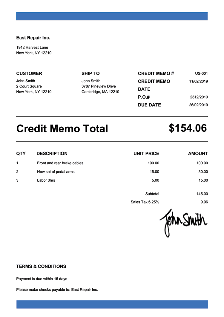 credit memo excel