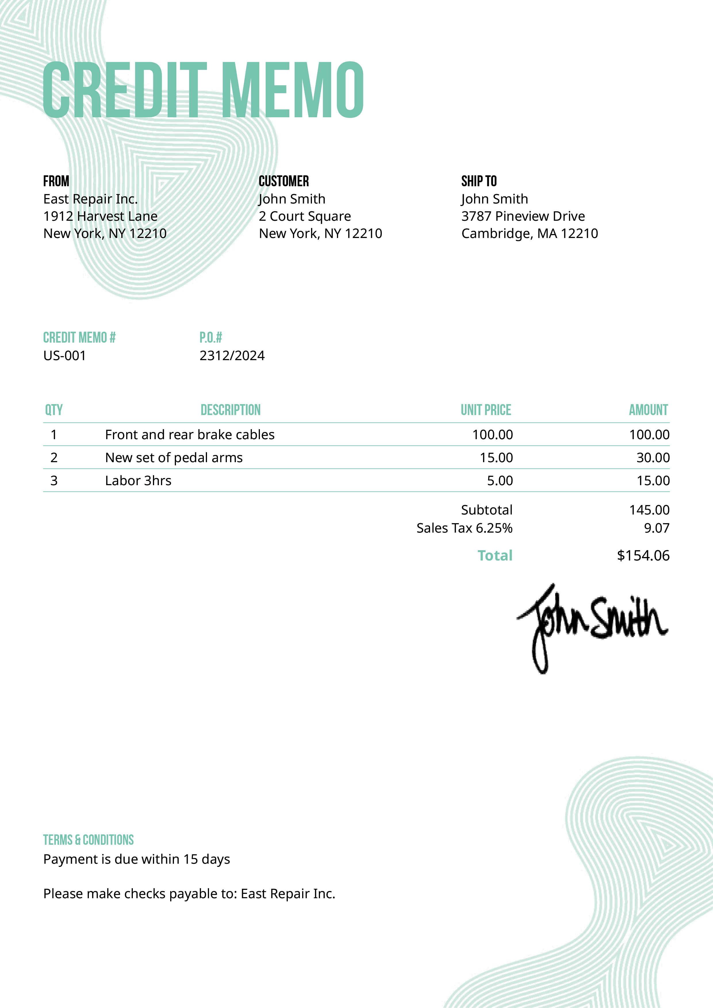 Credit Memo Template Us Blobs Turquoise 
