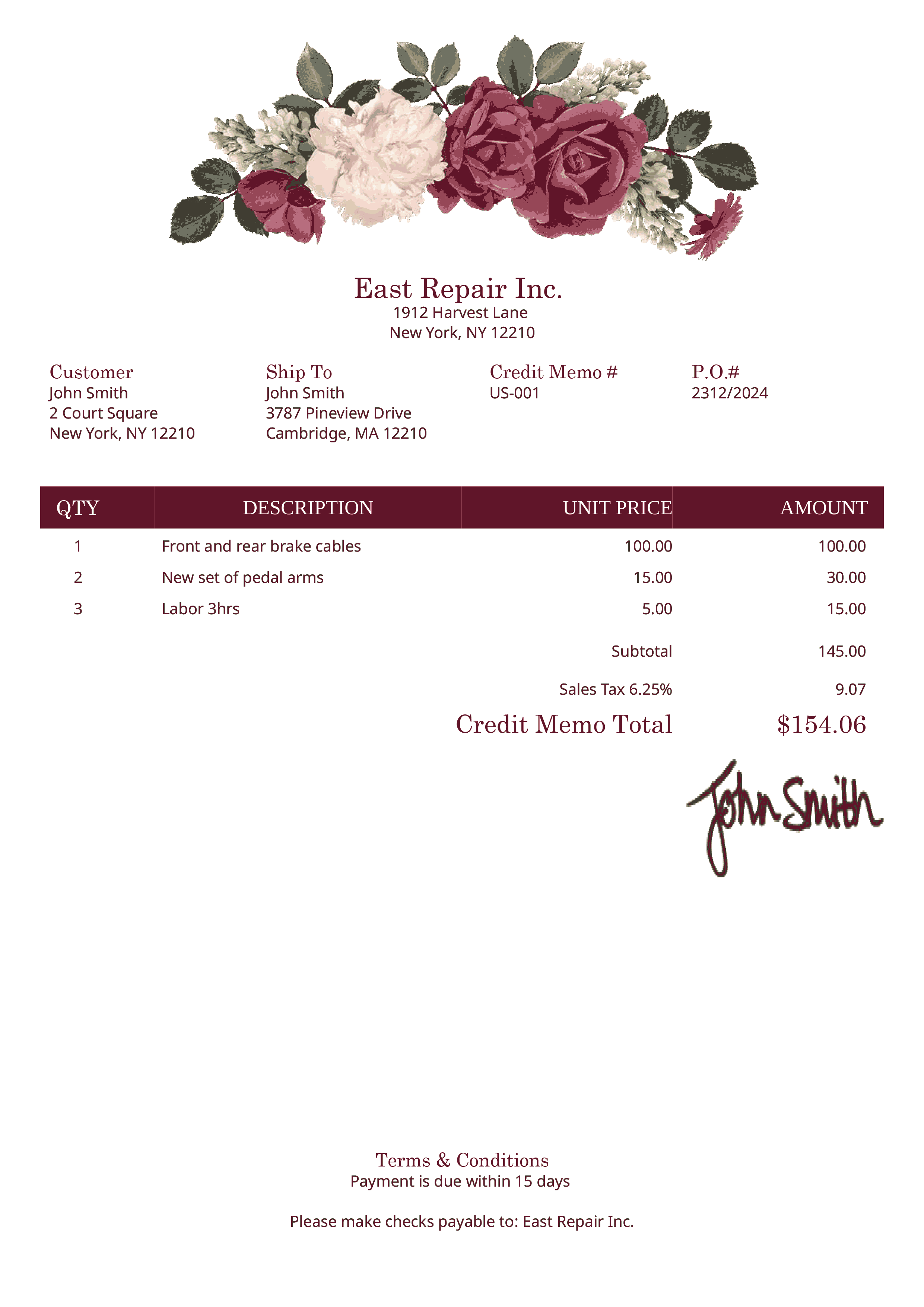 Credit Memo Template Us Bouquet 