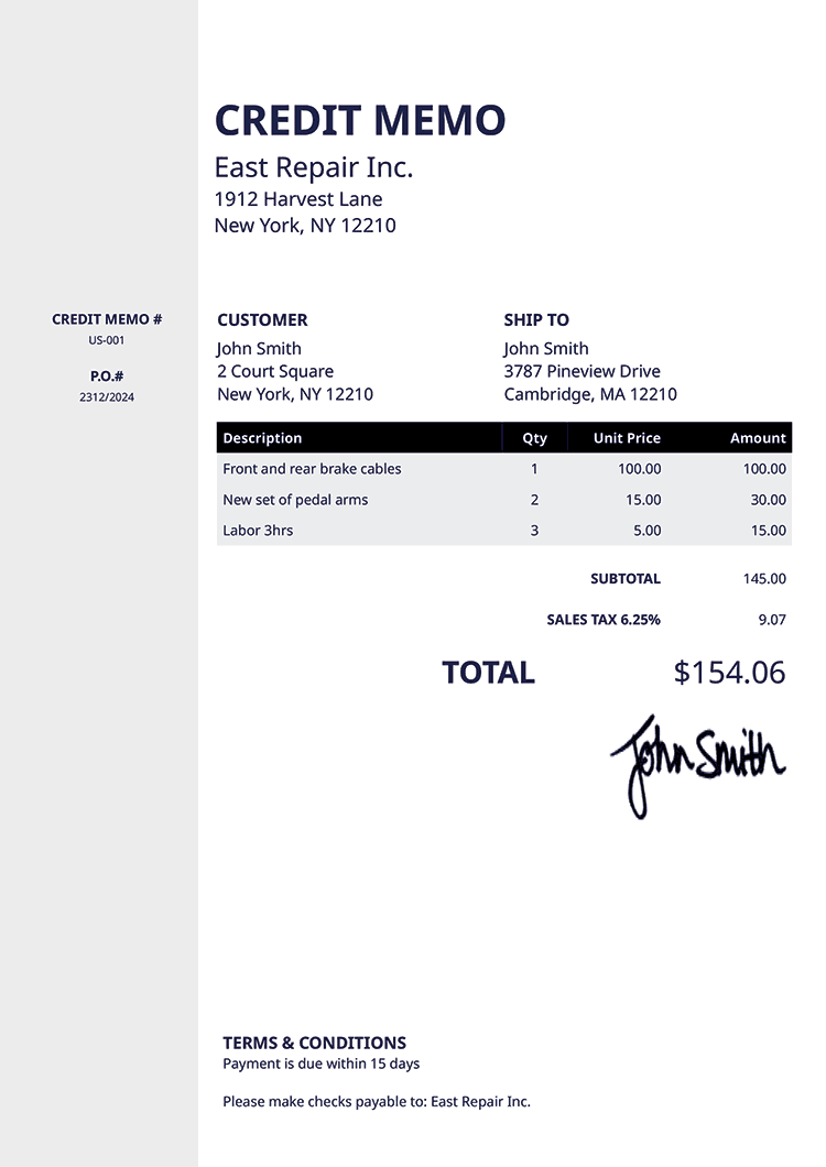 Credit Memo Template Us Column Black 