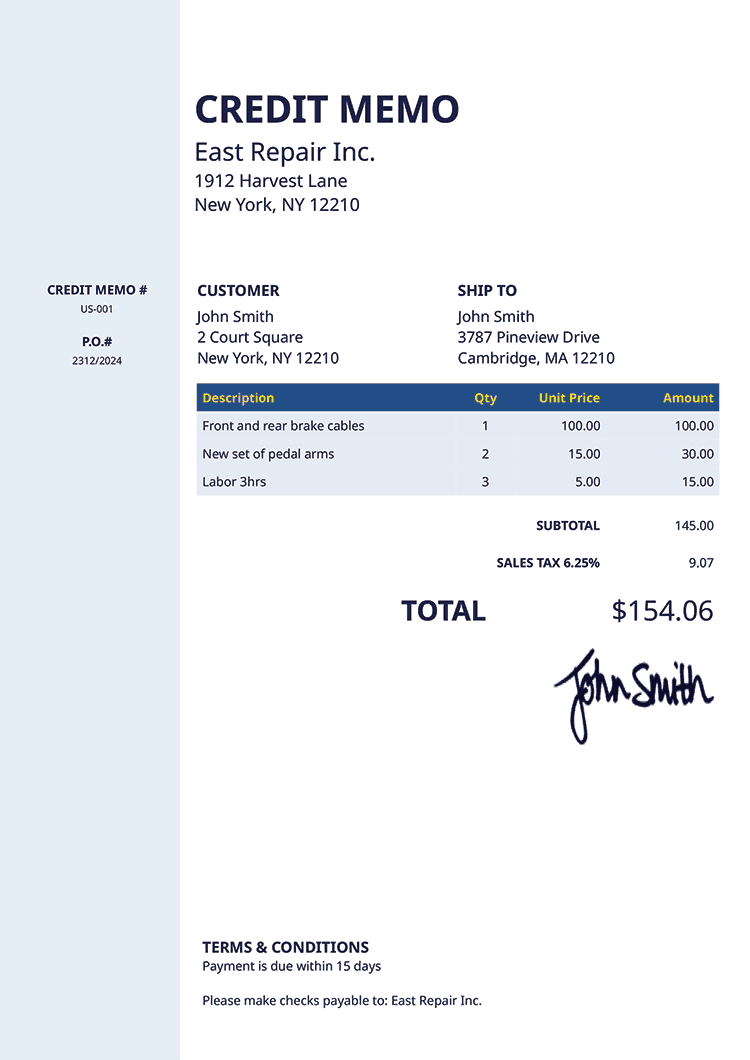 Credit Memo Template Us Column Blue 