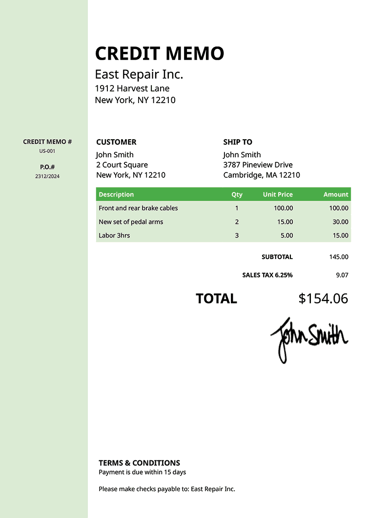 Credit Memo Template Us Column Green 
