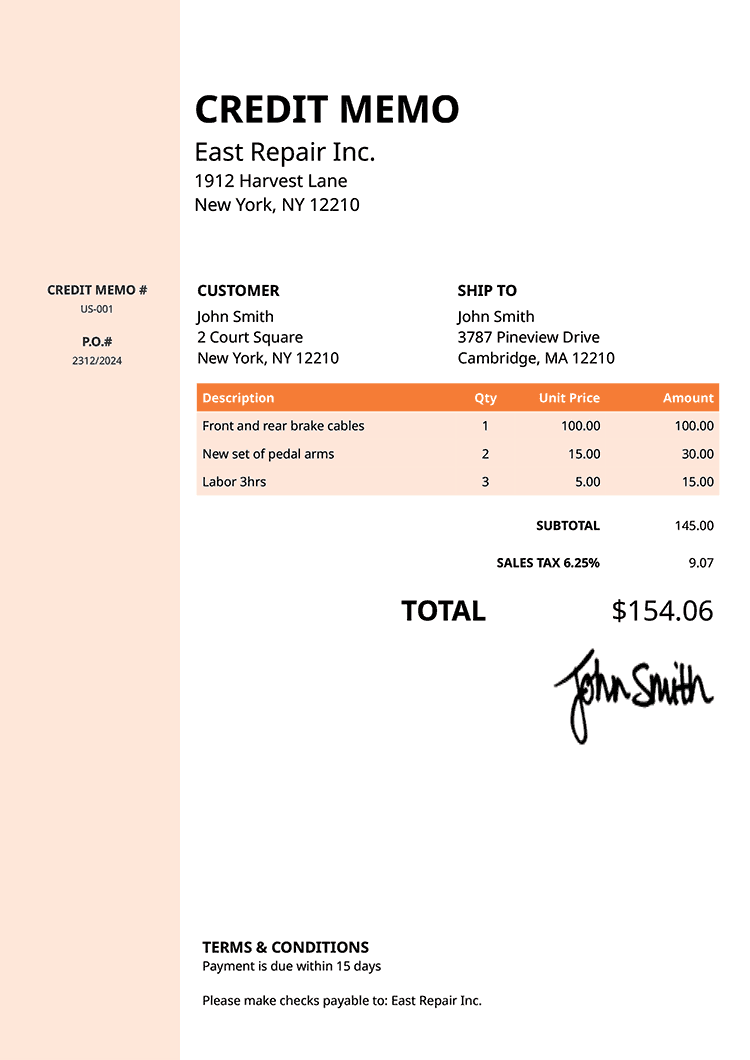 Credit Memo Template Us Column Orange 