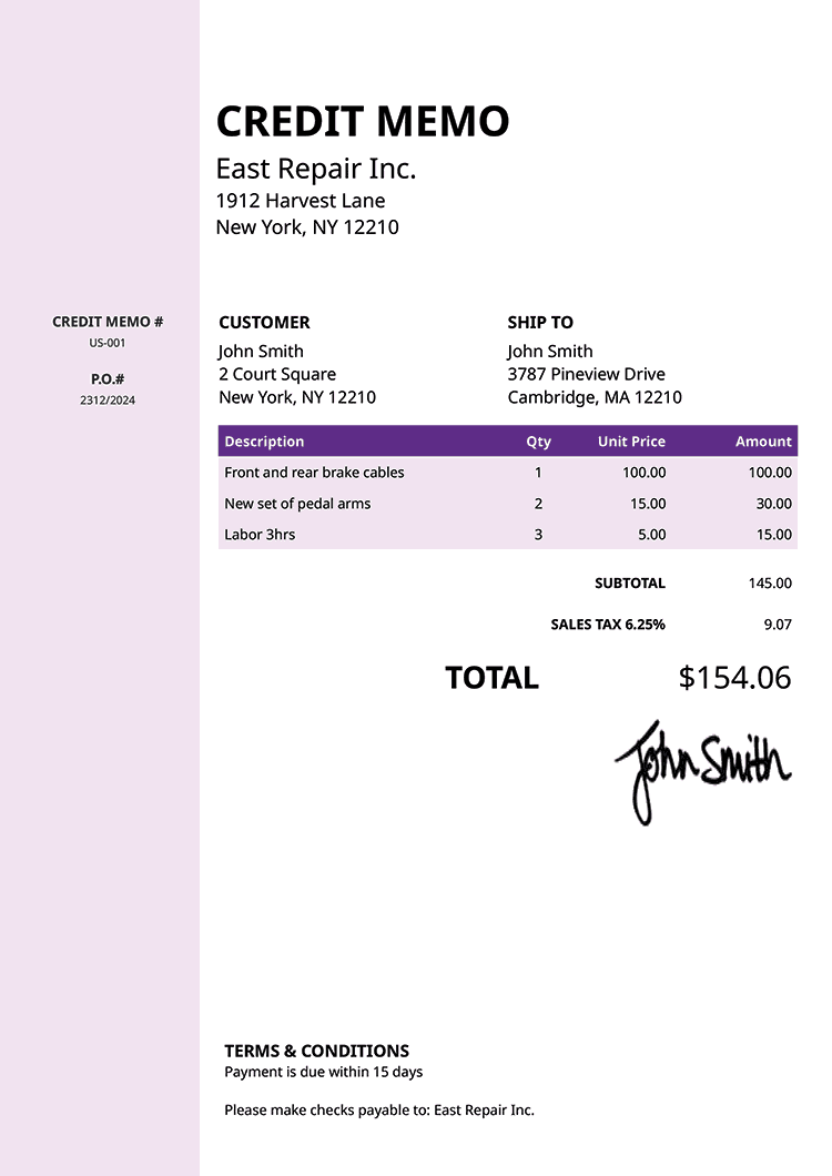 Credit Memo Template Us Column Purple 