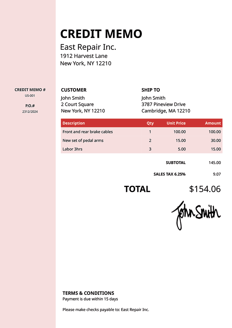 Credit Memo Template Us Column Red 