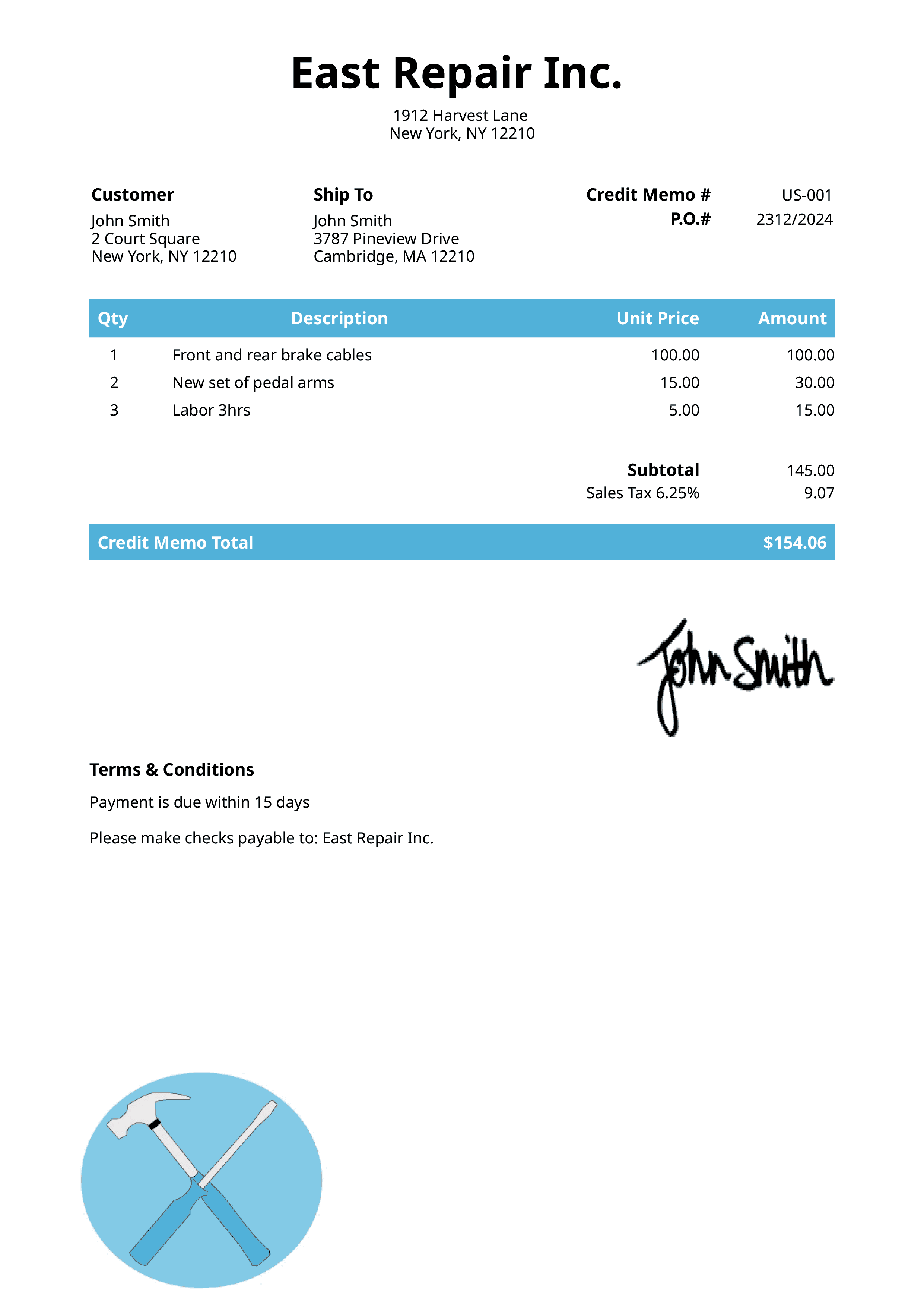Credit Memo Template Us Contractor Light Blue 