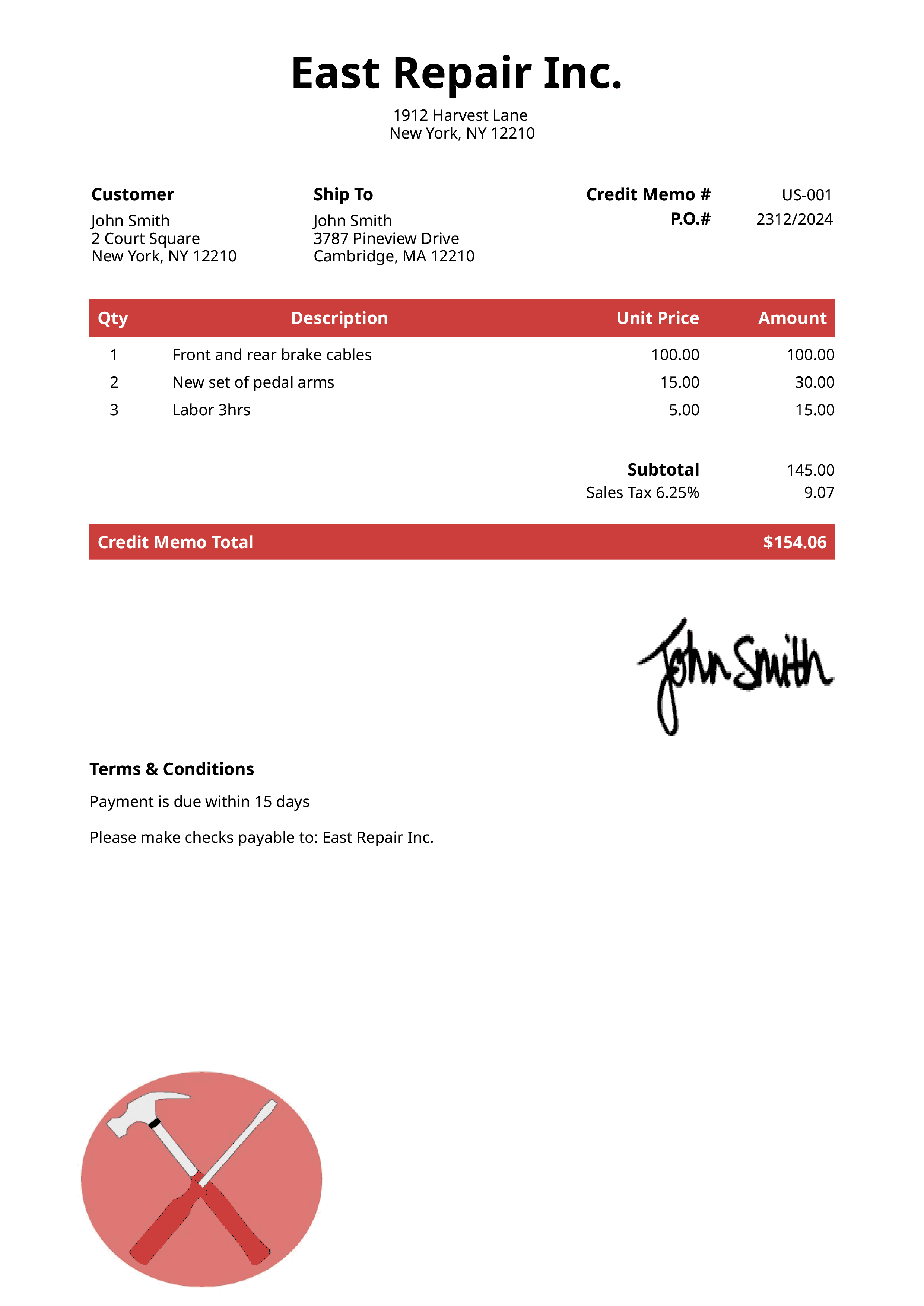 Credit Memo Template Us Contractor Red 