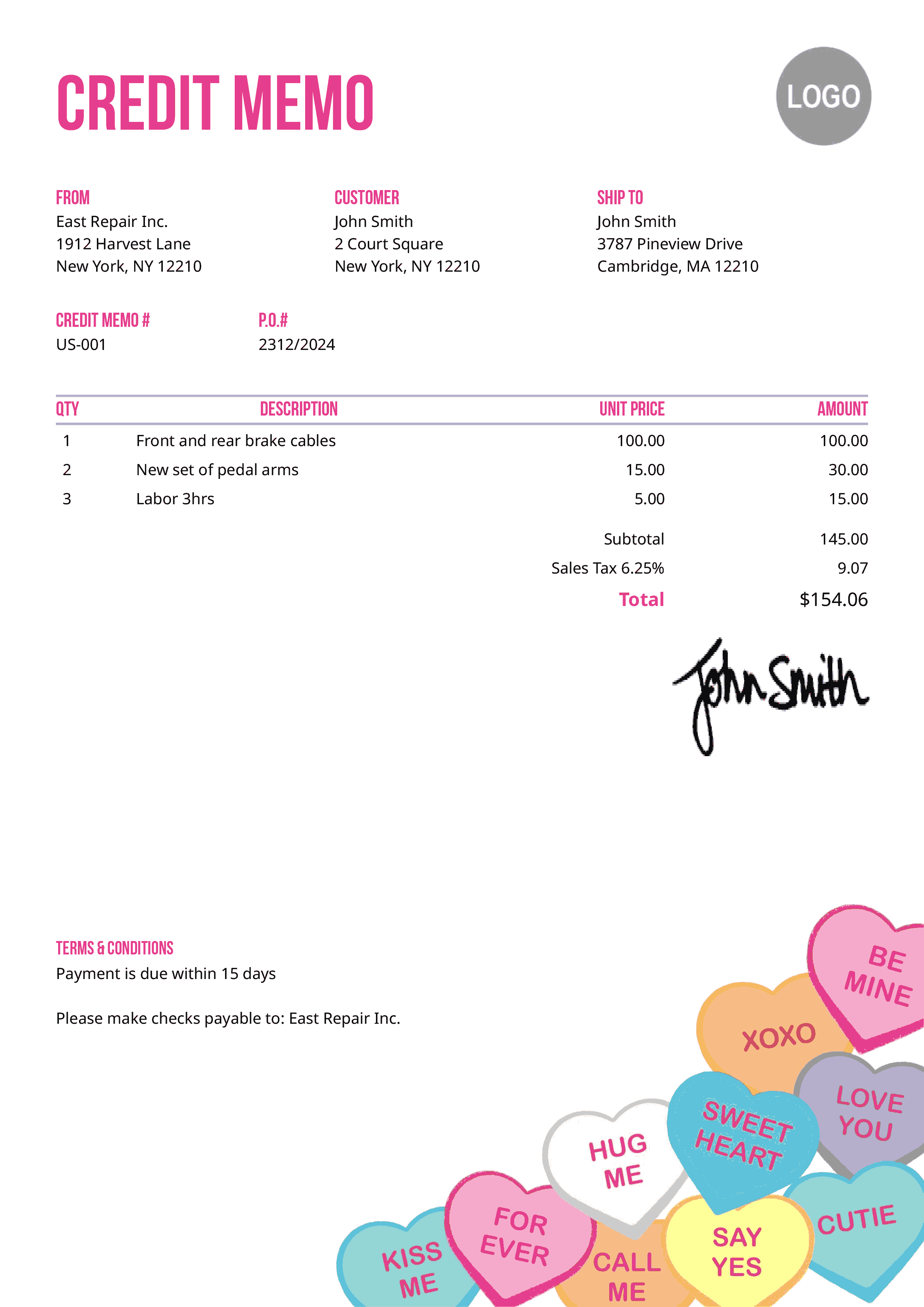 Credit Memo Template Us Conversation Hearts 