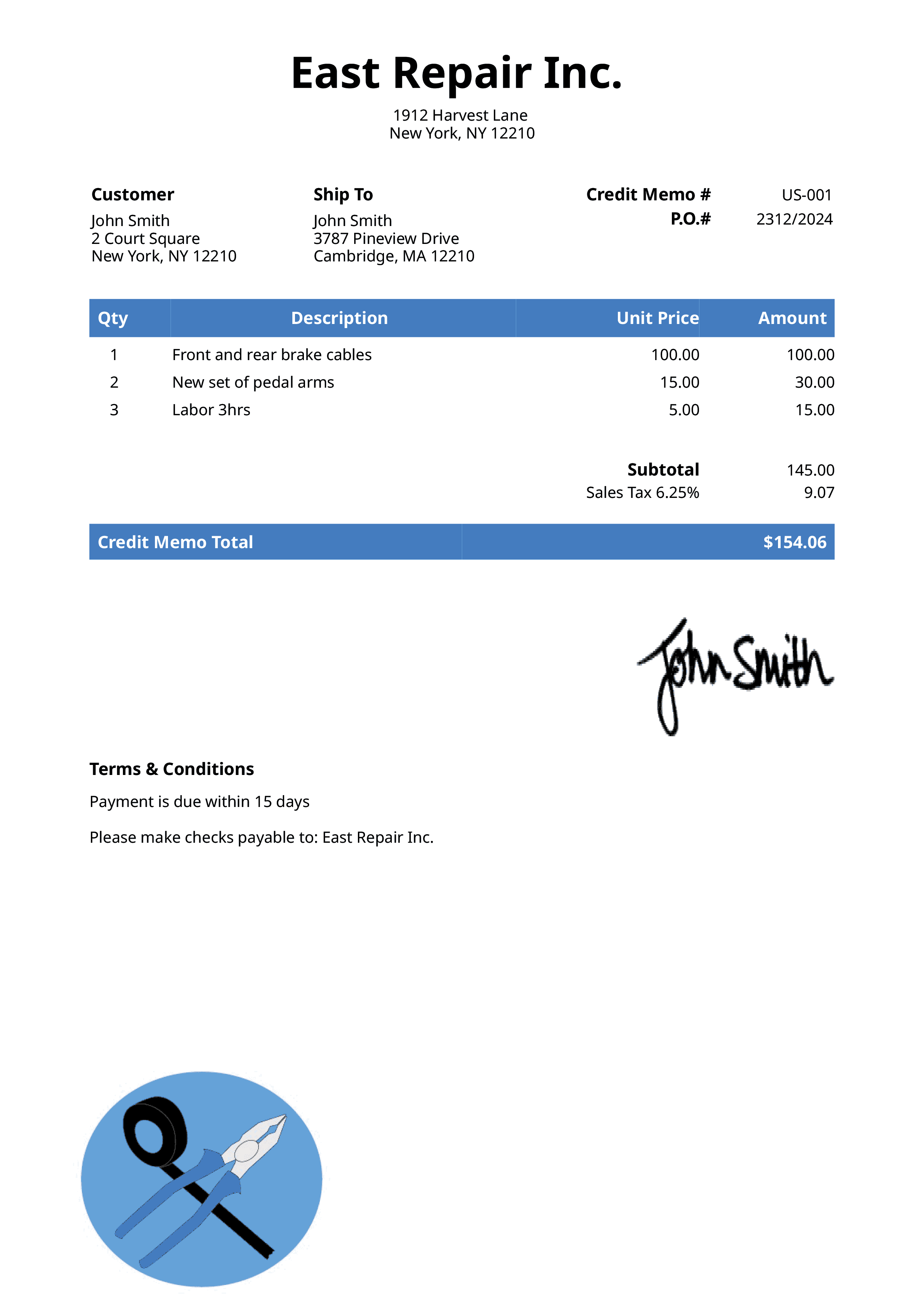 Credit Memo Template Us Electrician Blue 
