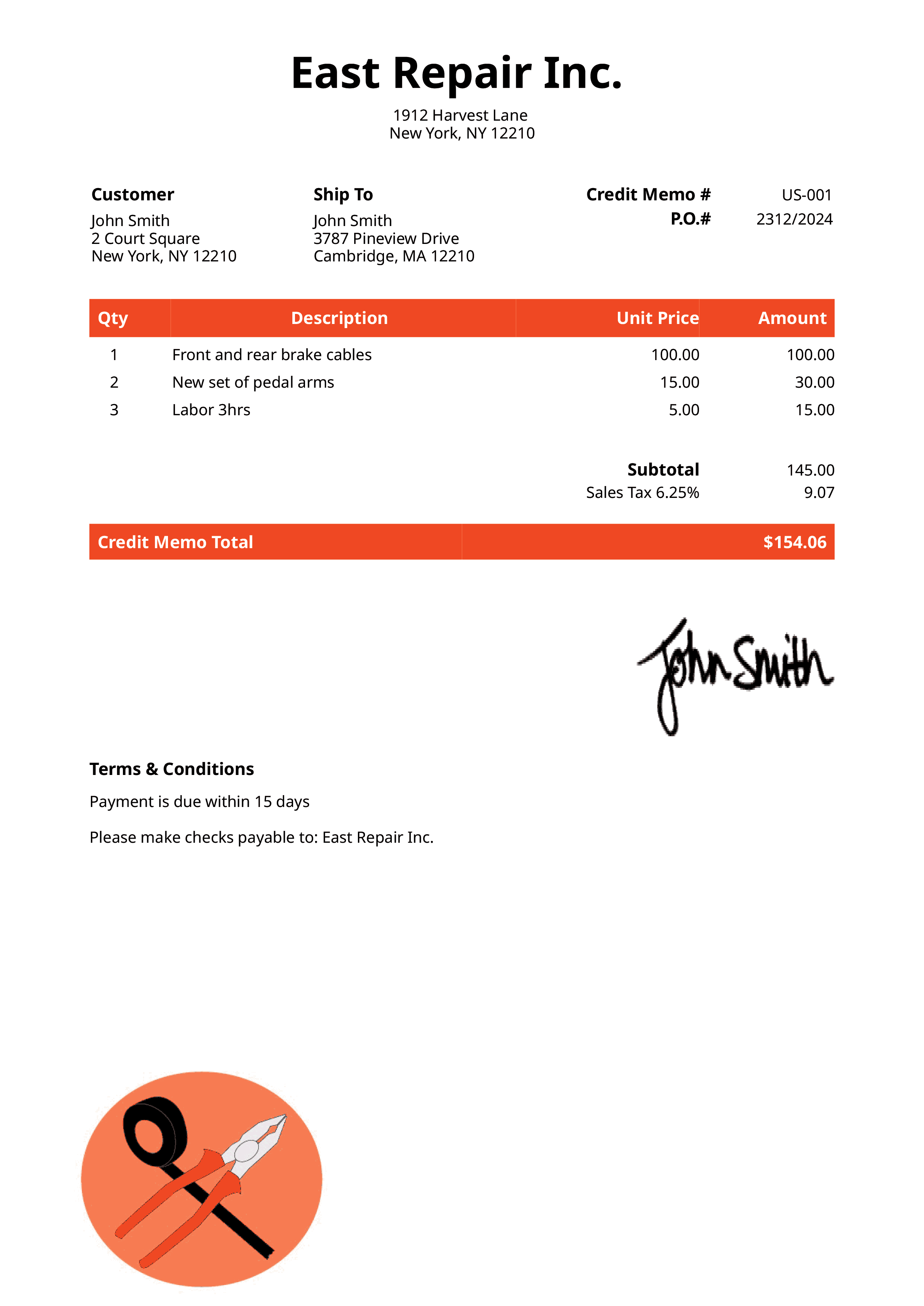 Credit Memo Template Us Electrician Orange 
