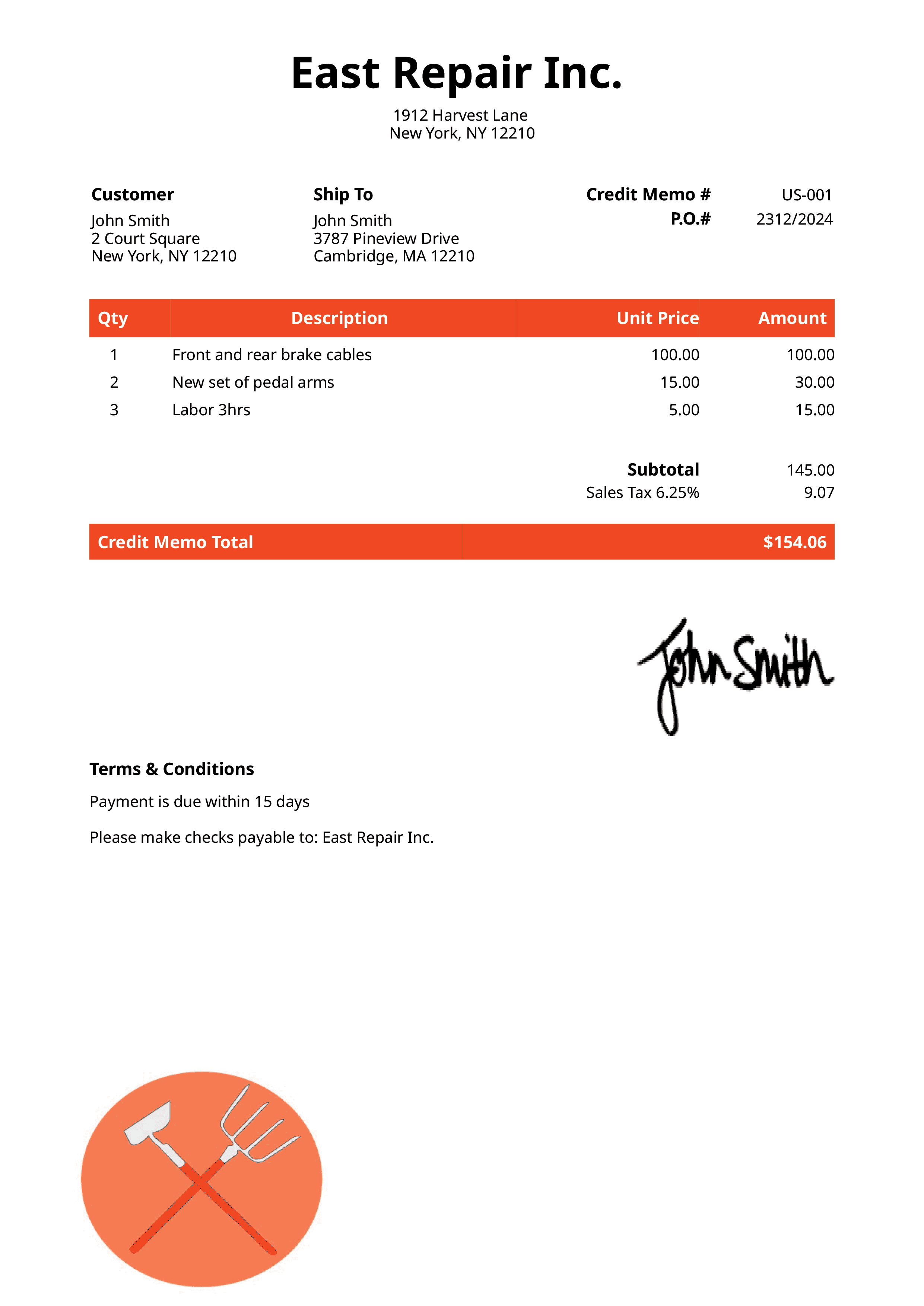Credit Memo Template Us Farmer Orange 