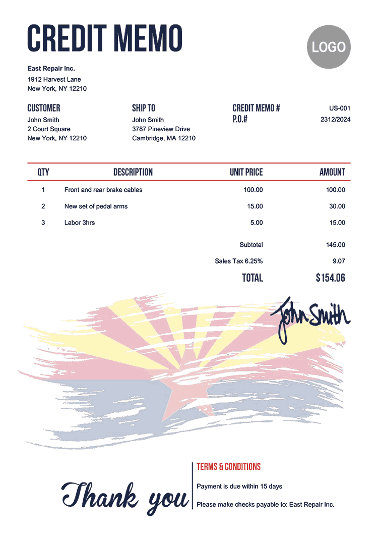 Credit Memo Template Us Flag Of Arizona 