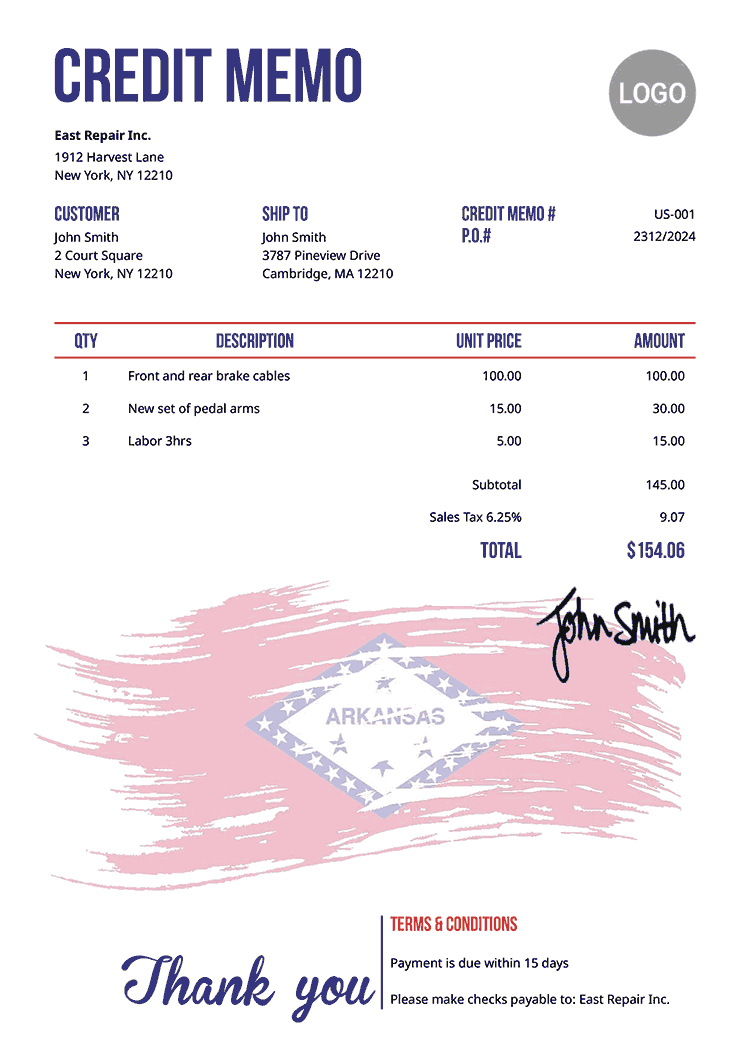 Credit Memo Template Us Flag Of Arkansas 