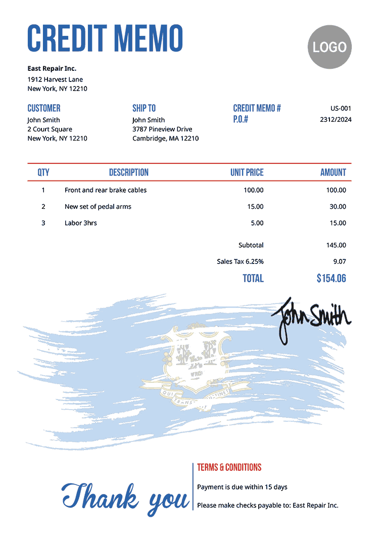 Credit Memo Template Us Flag Of Connecticut 
