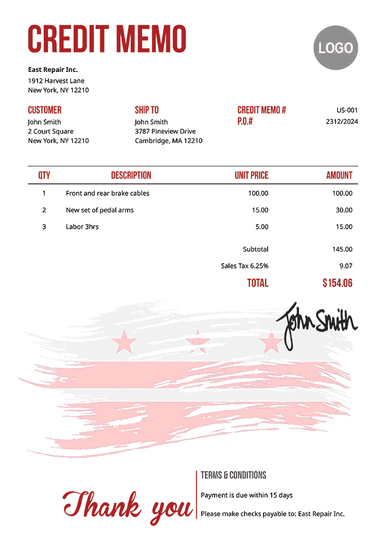 Credit Memo Template Us Flag Of District Of Columbia 