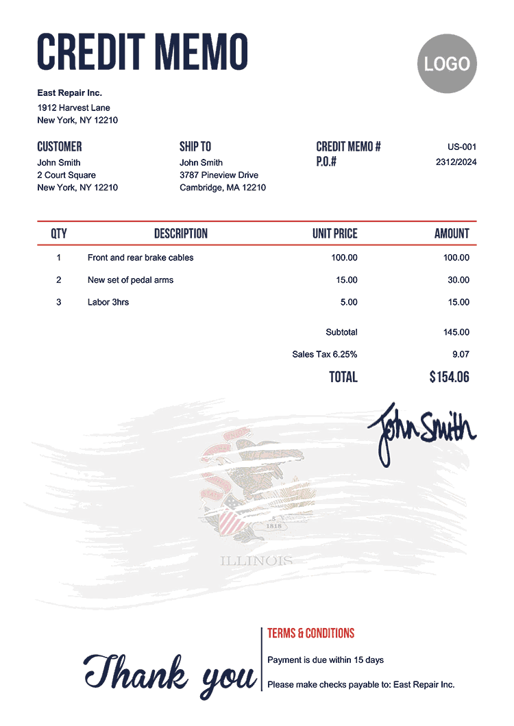 Credit Memo Template Us Flag Of Illinois 