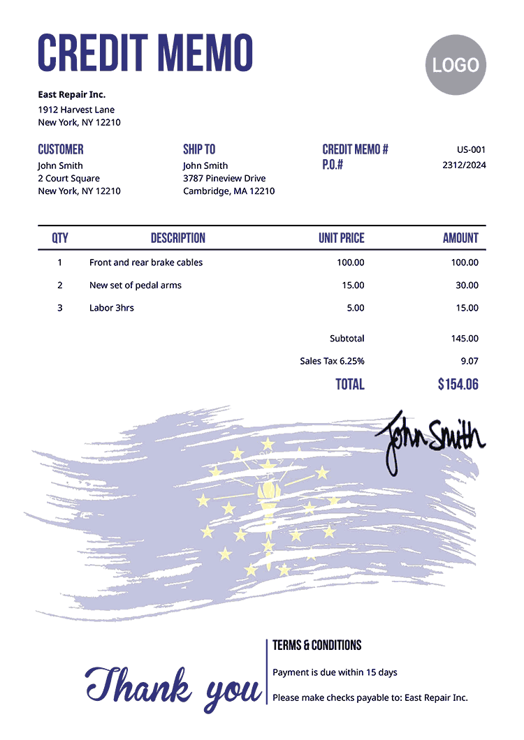 Credit Memo Template Us Flag Of Indiana 