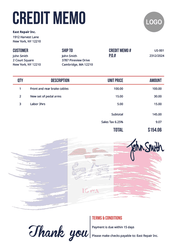 Credit Memo Template Us Flag Of Iowa 