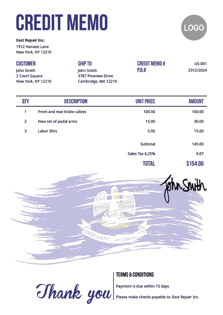 Credit Memo Template Us Flag Of Louisiana 