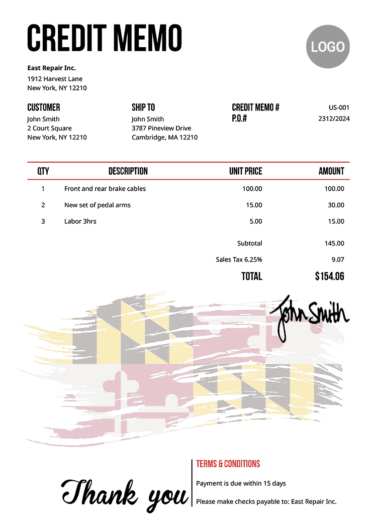 Credit Memo Template Us Flag Of Maryland 