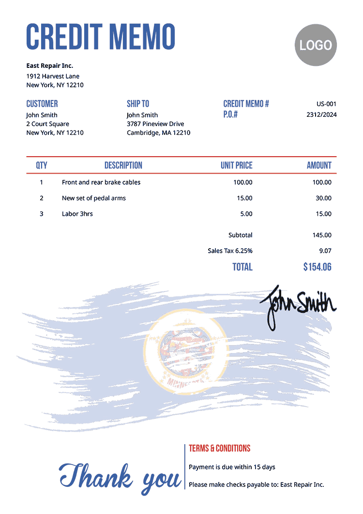 Credit Memo Template Us Flag Of Minnesota 