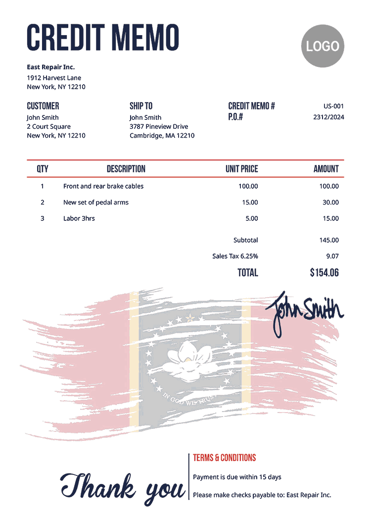 Credit Memo Template Us Flag Of Mississippi 