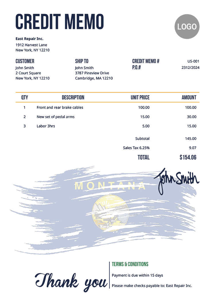 Credit Memo Template Us Flag Of Montana 