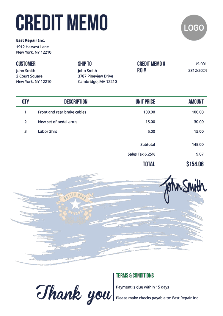Credit Memo Template Us Flag Of Nevada 