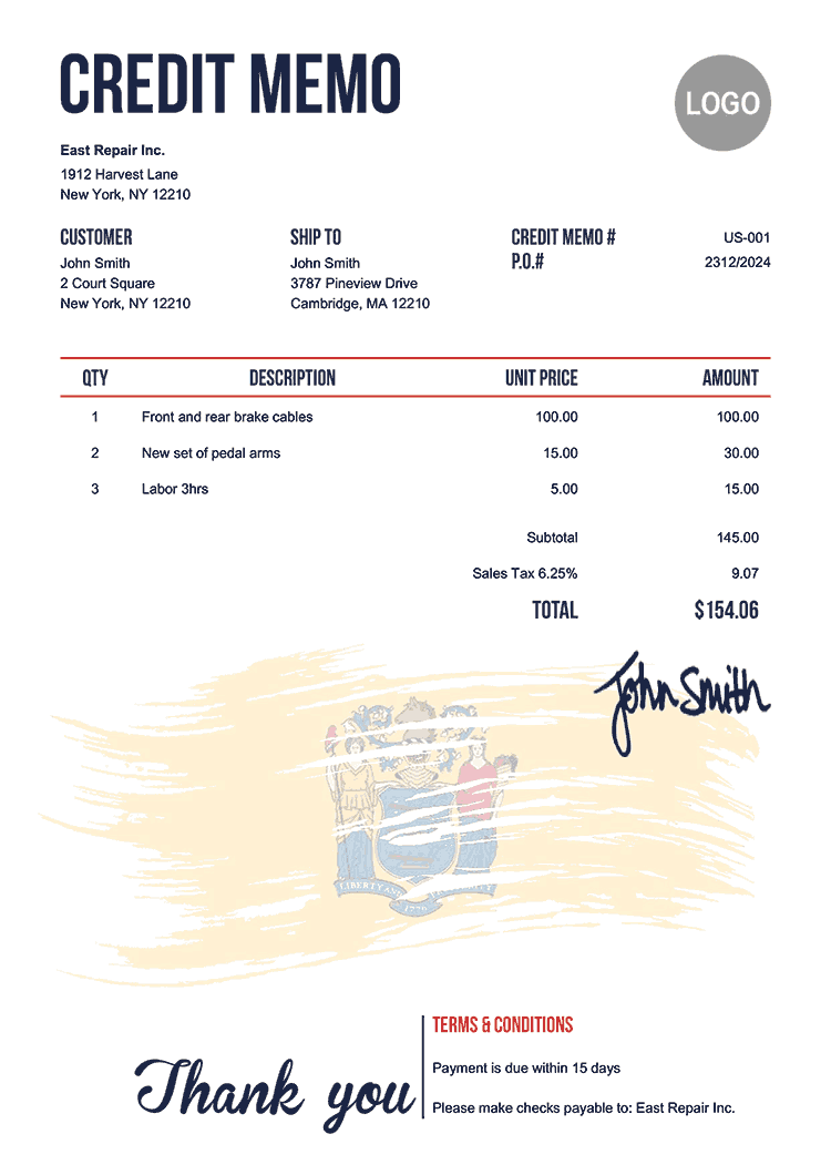 Credit Memo Template Us Flag Of New Jersey 