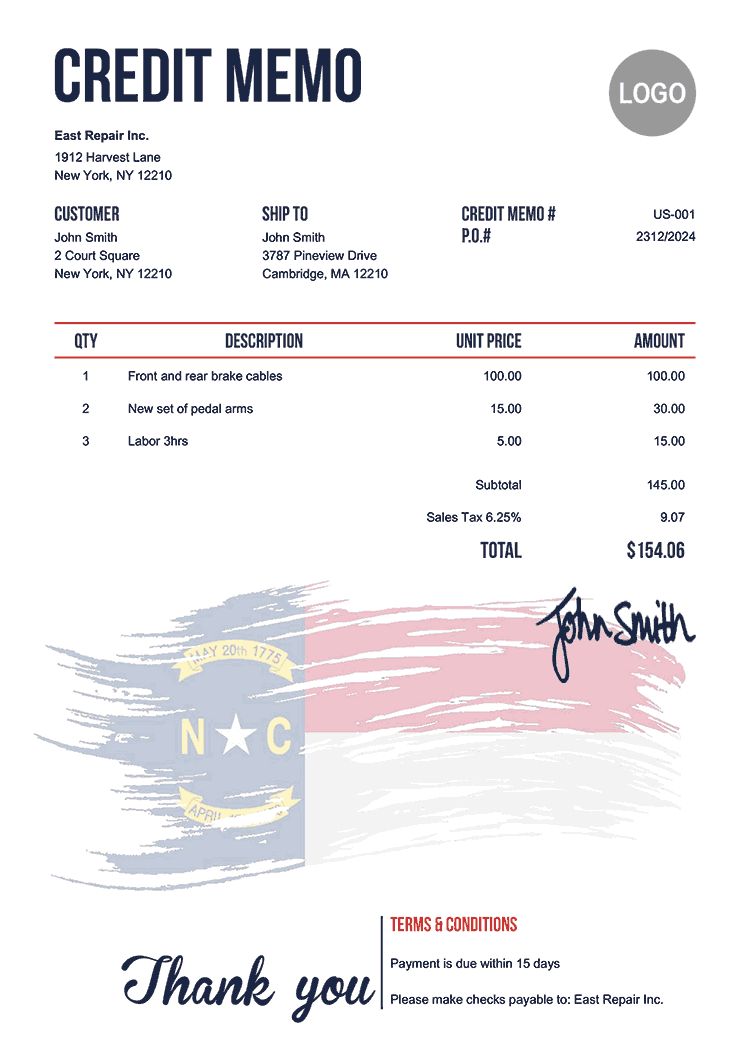 Credit Memo Template Us Flag Of North Carolina 
