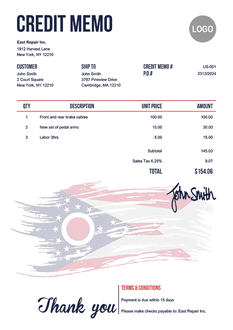 Credit Memo Template Us Flag Of Ohio 