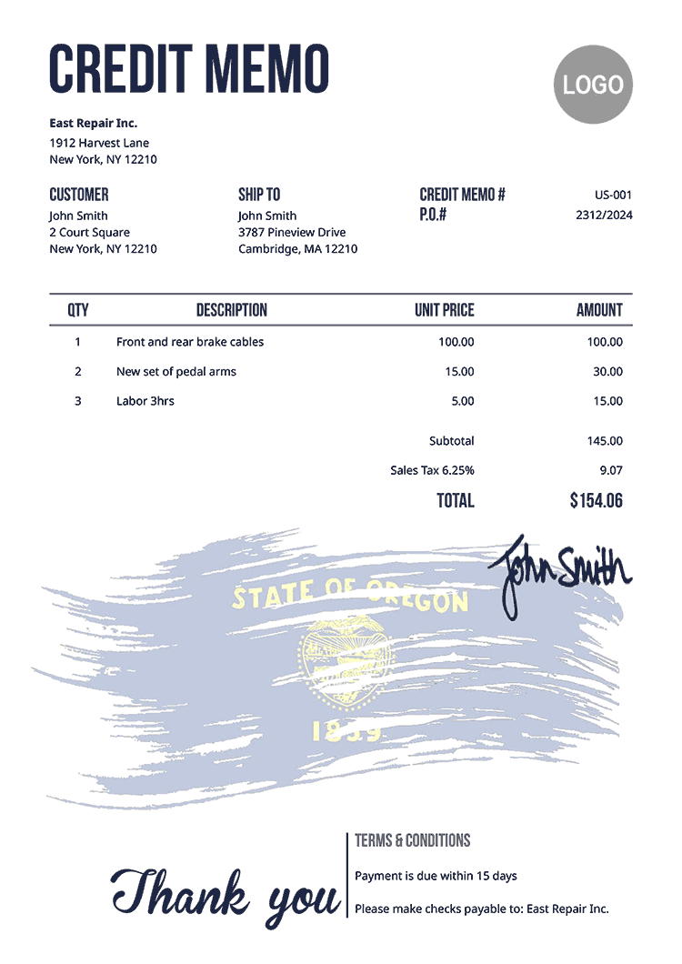 Credit Memo Template Us Flag Of Oregon 