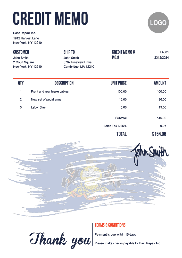 Credit Memo Template Us Flag Of Pennsylvania 