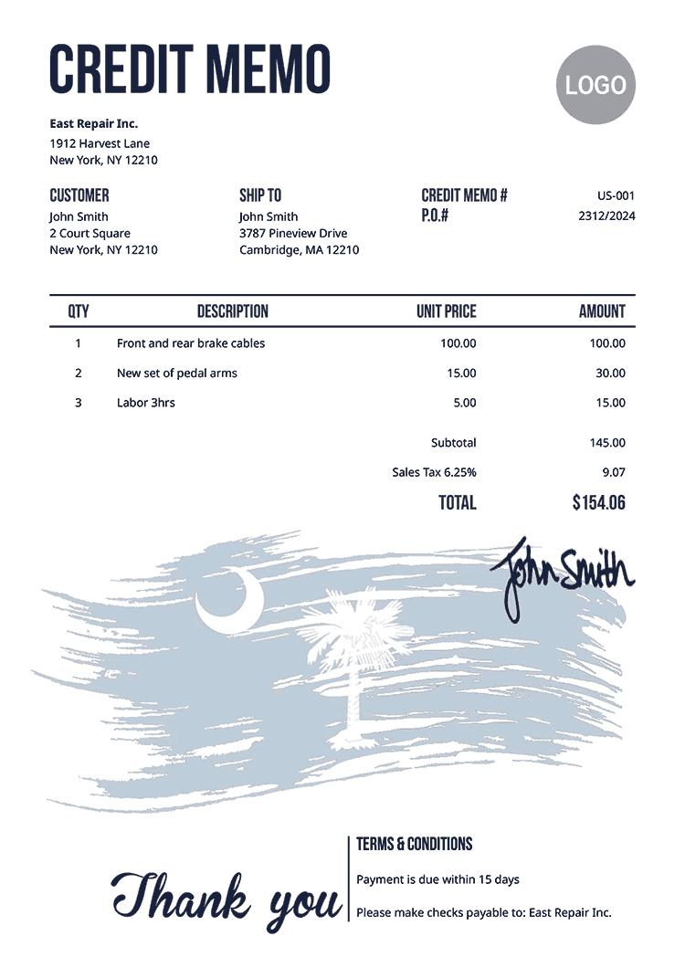 Credit Memo Template Us Flag Of South Carolina 