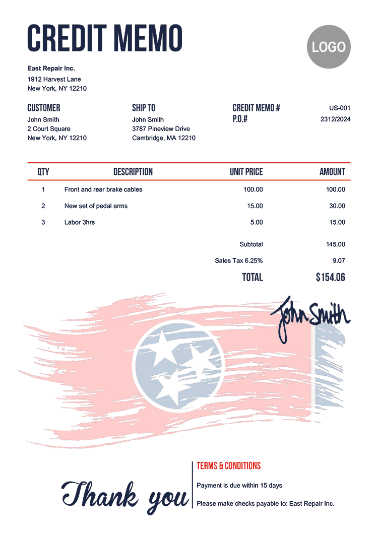 Credit Memo Template Us Flag Of Tennessee 