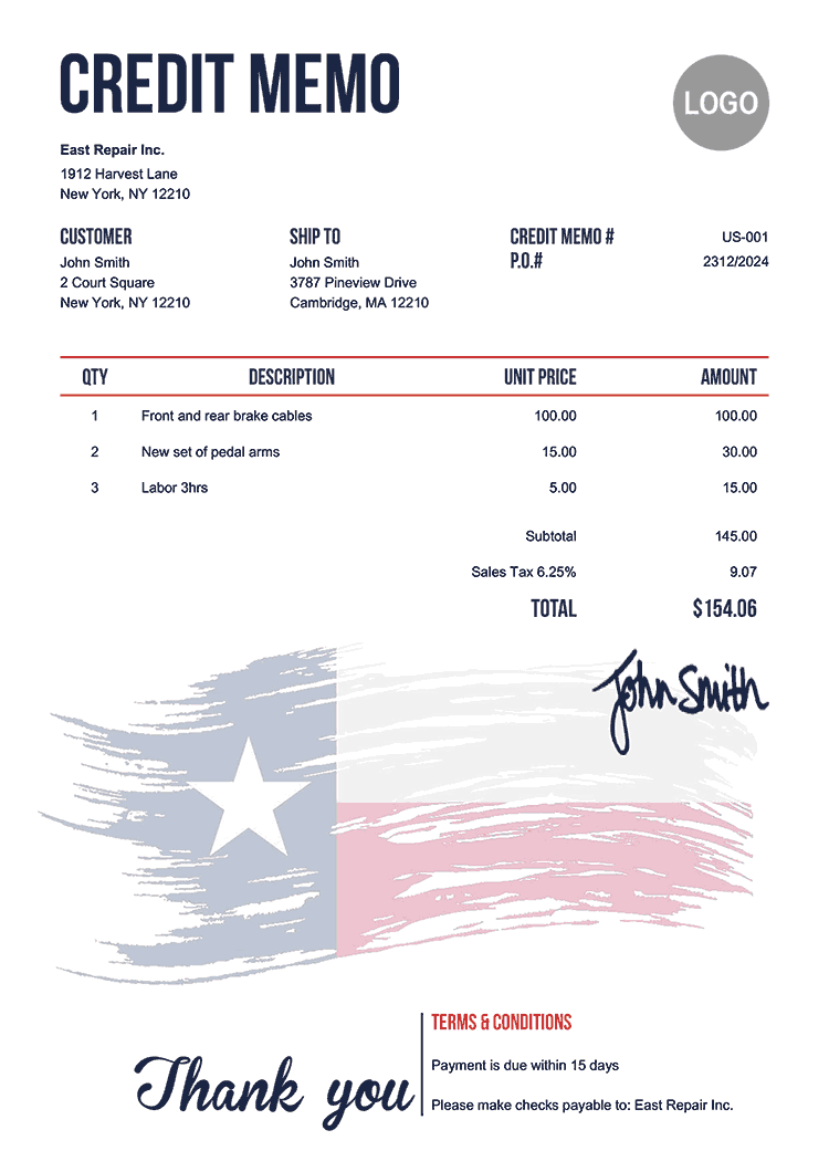 Credit Memo Template Us Flag Of Texas 