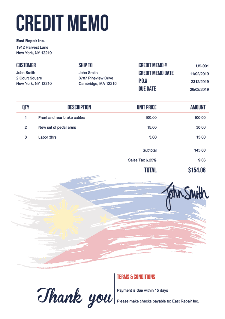 Credit Memo Template Us Flag Of The Philippines 