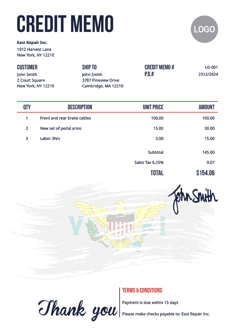 Credit Memo Template Us Flag Of Us Virgin Islands 
