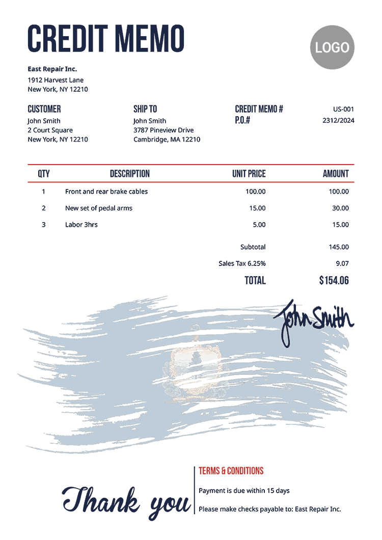 Credit Memo Template Us Flag Of Vermont 
