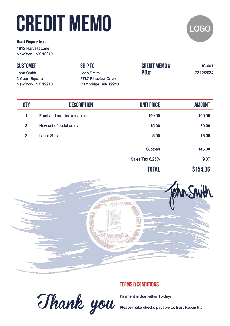 Credit Memo Template Us Flag Of Virginia 