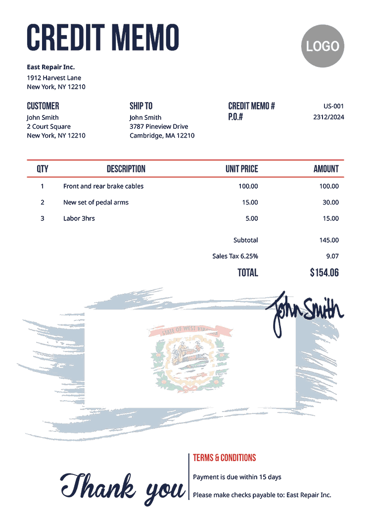Credit Memo Template Us Flag Of West Virginia 
