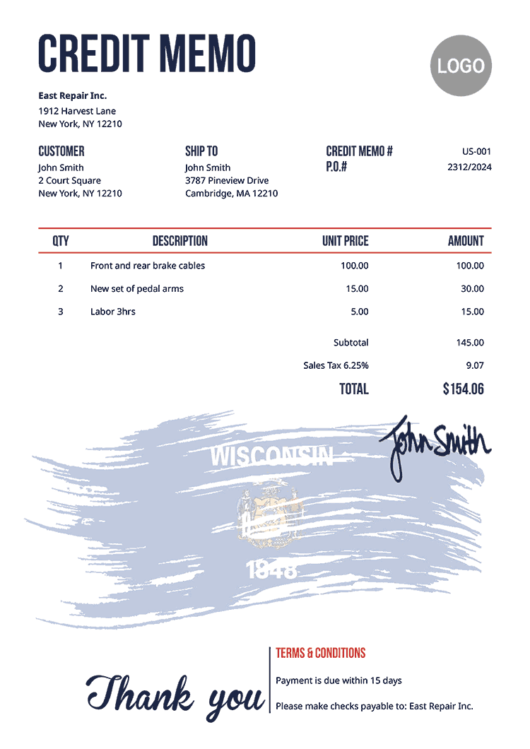 Credit Memo Template Us Flag Of Wisconsin 