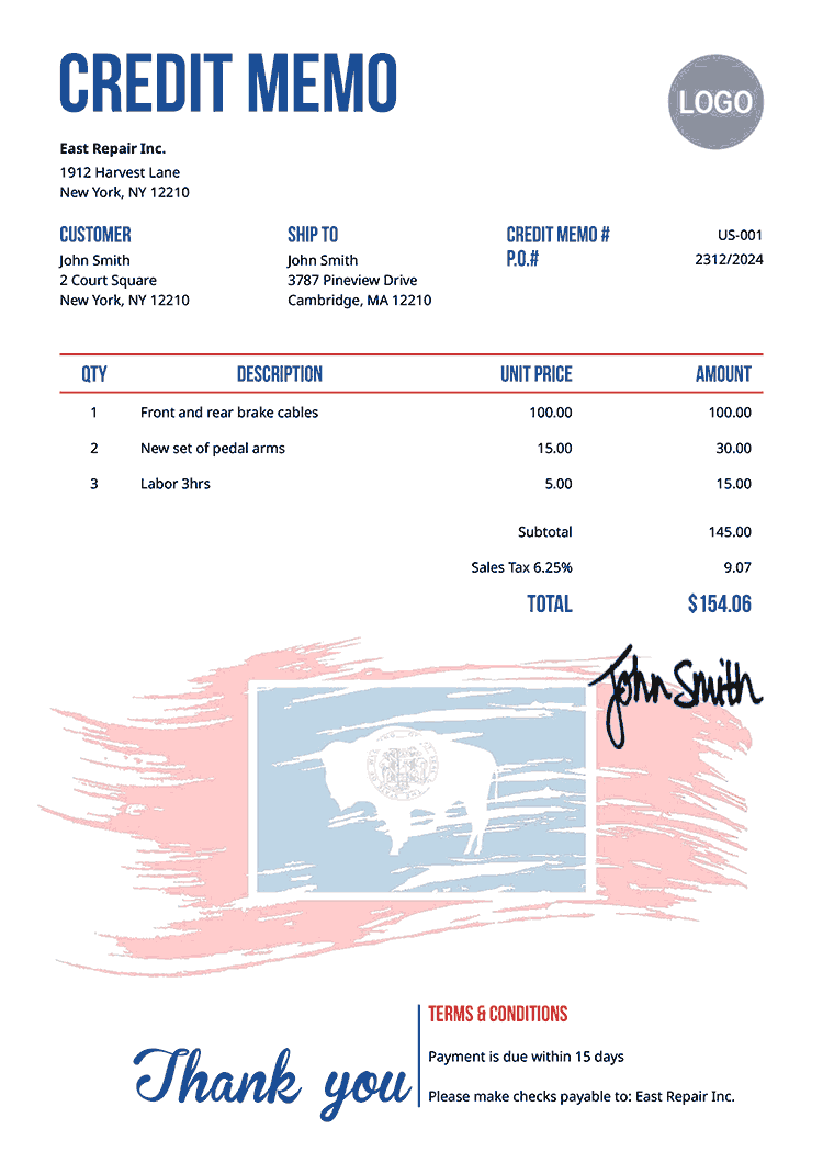 Credit Memo Template Us Flag Of Wyoming 