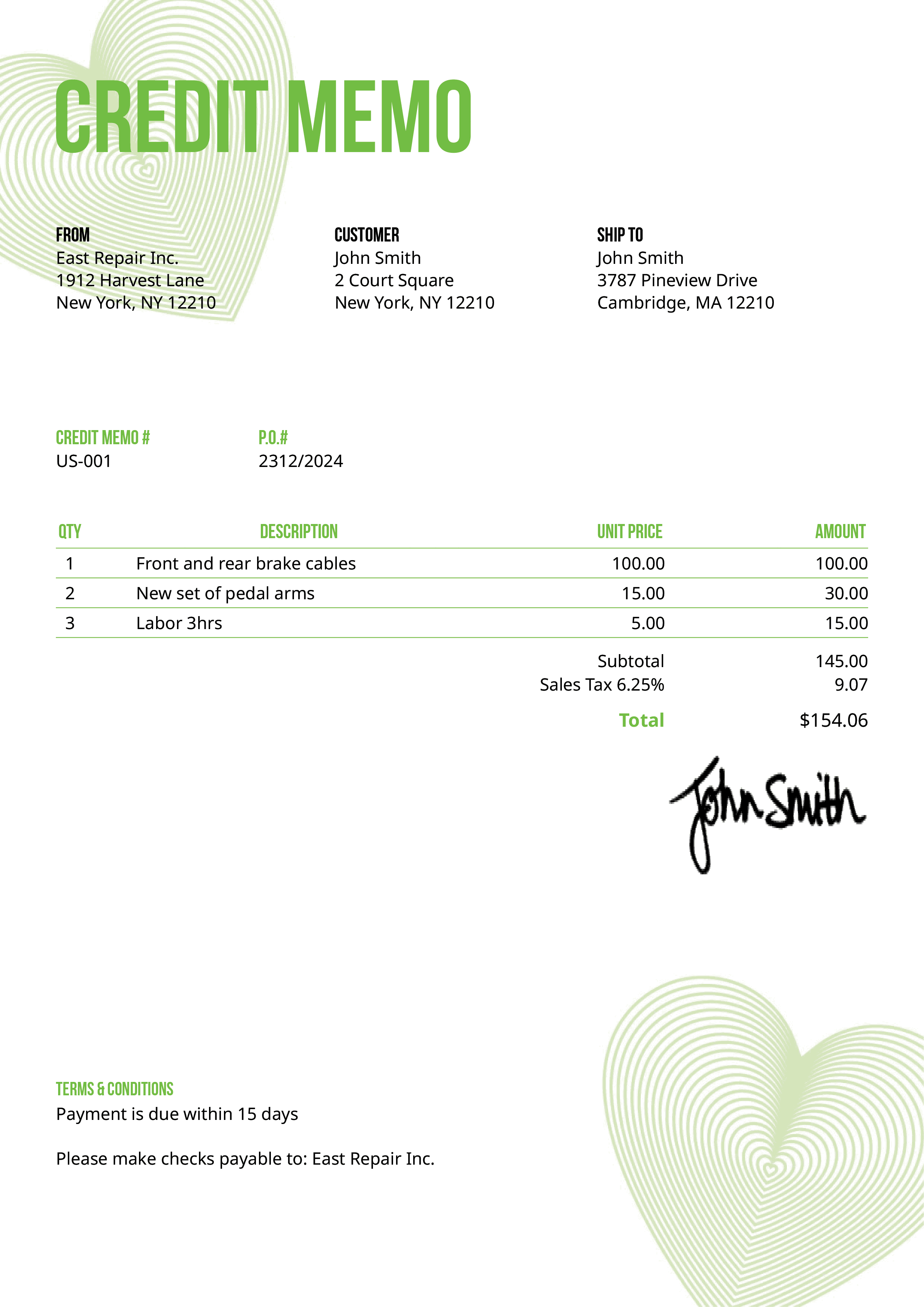 Credit Memo Template Us Hearts Green 