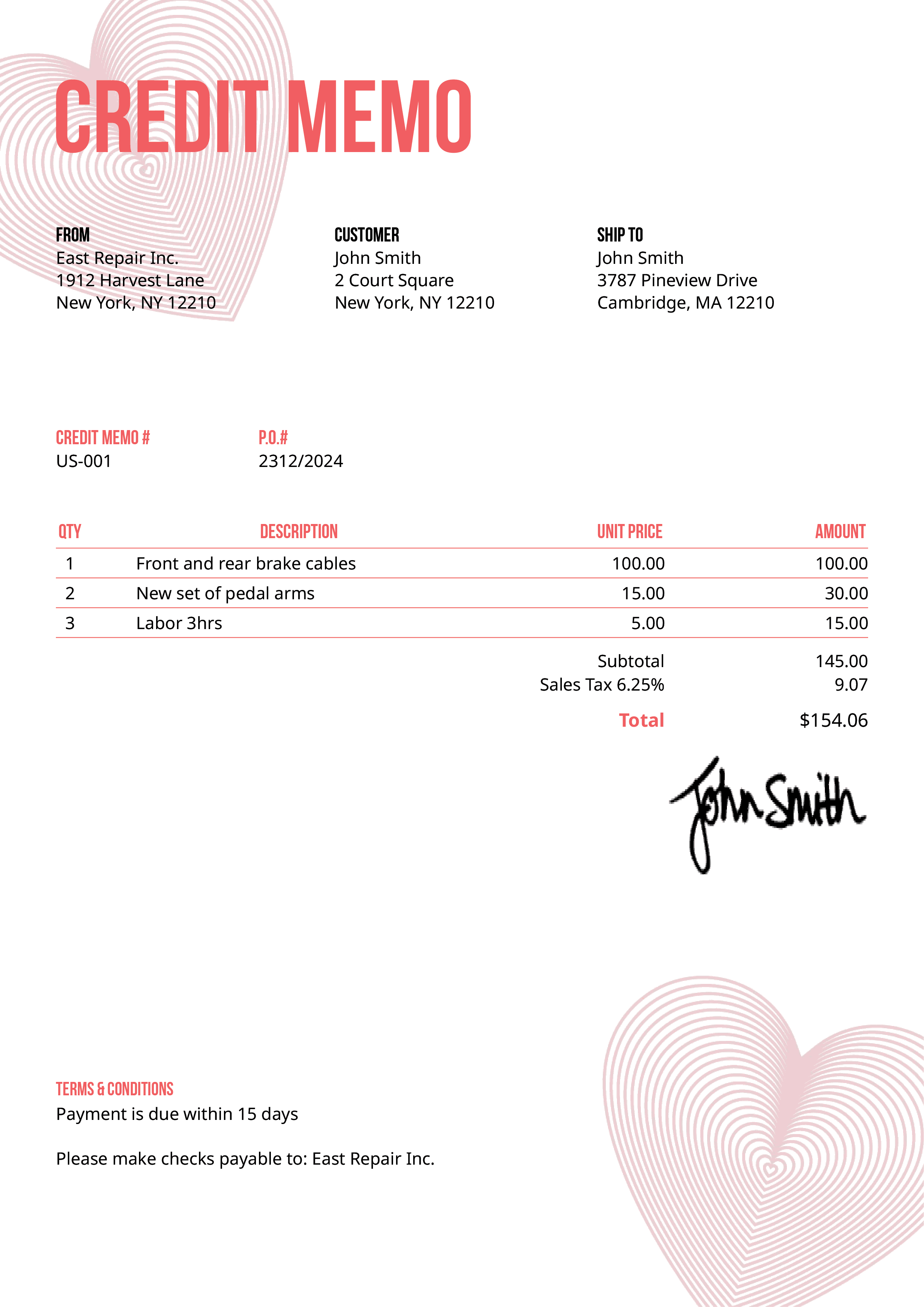 Credit Memo Template Us Hearts Pink 
