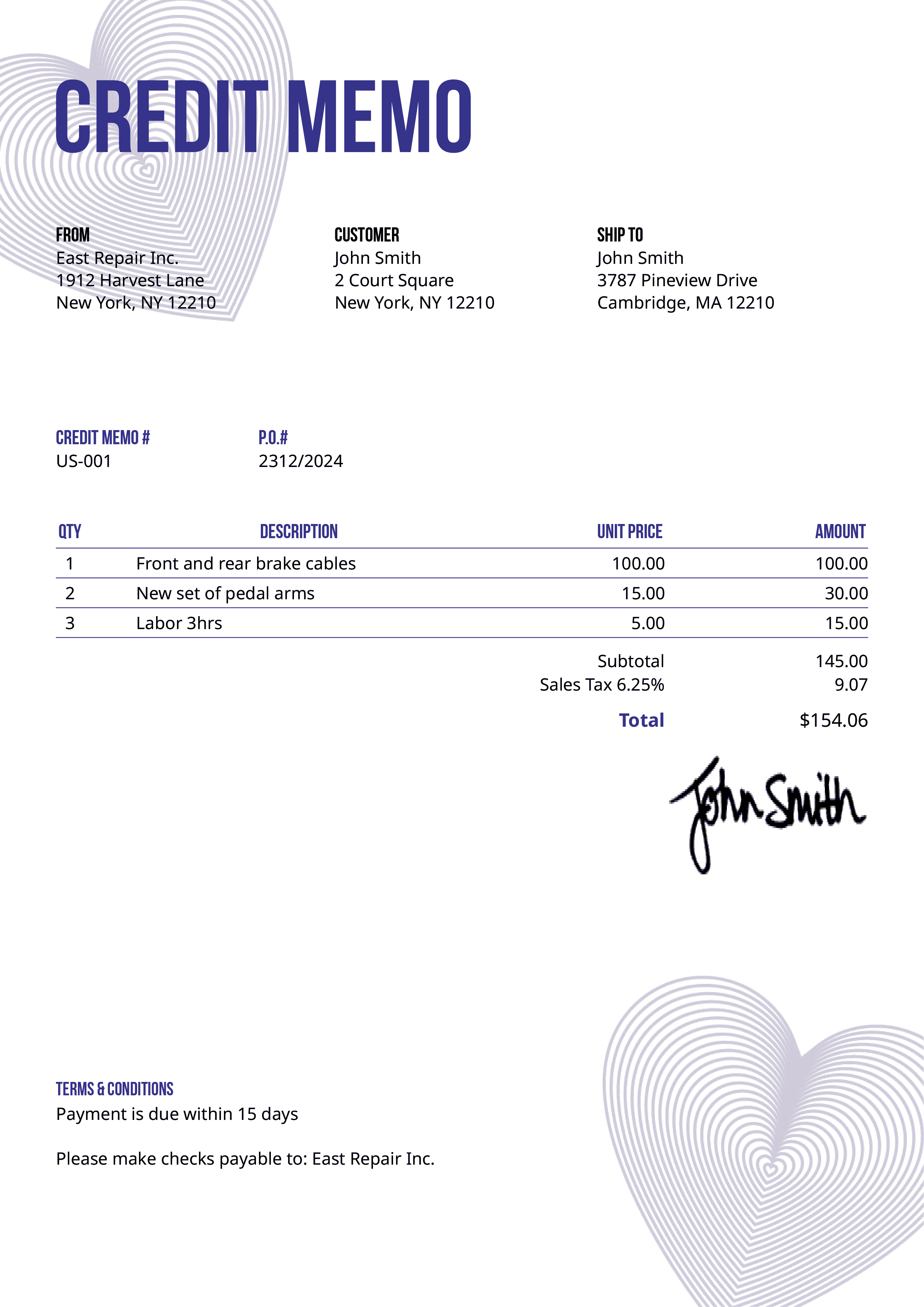 Credit Memo Template Us Hearts Purple 