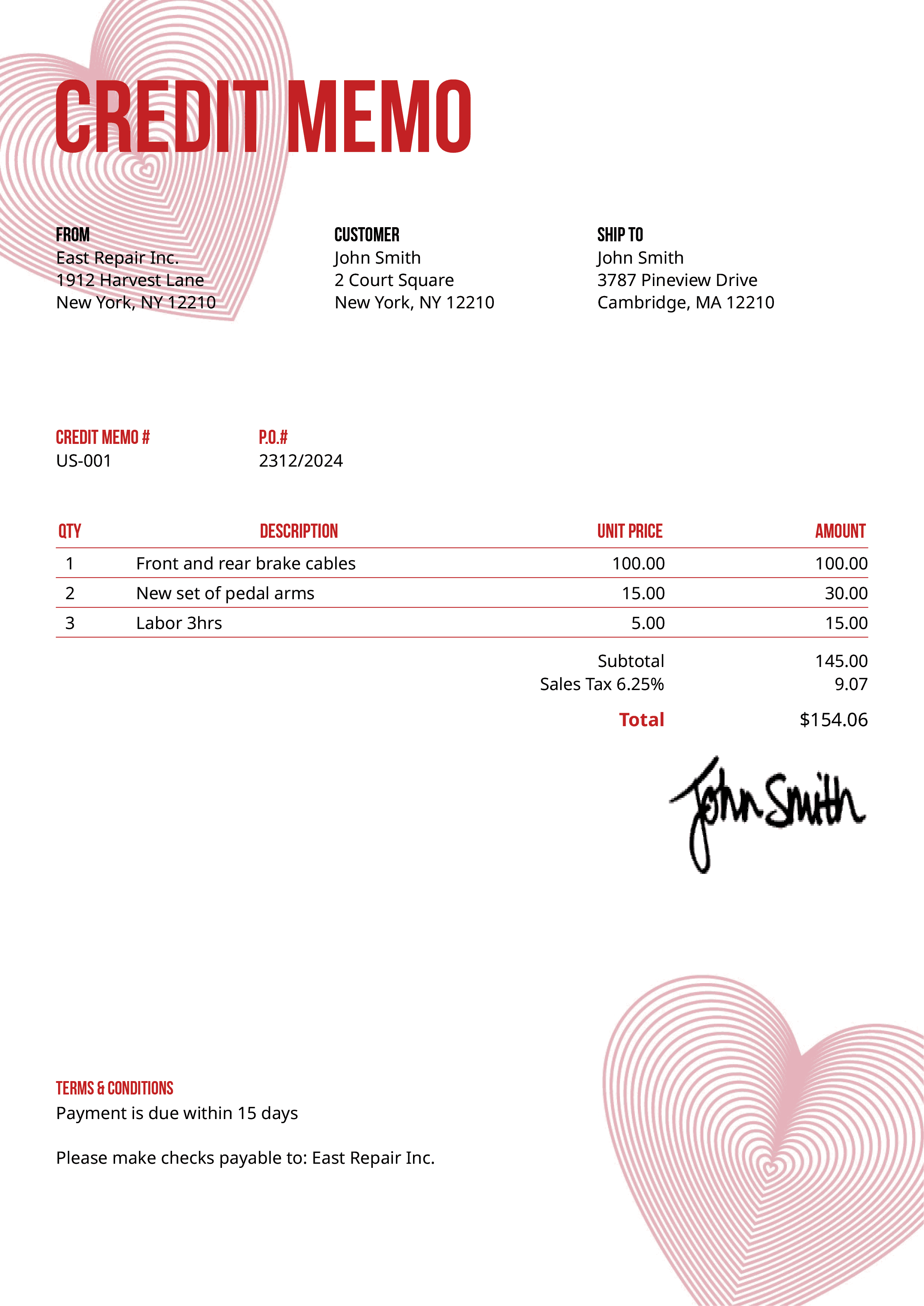 Credit Memo Template Us Hearts Red 