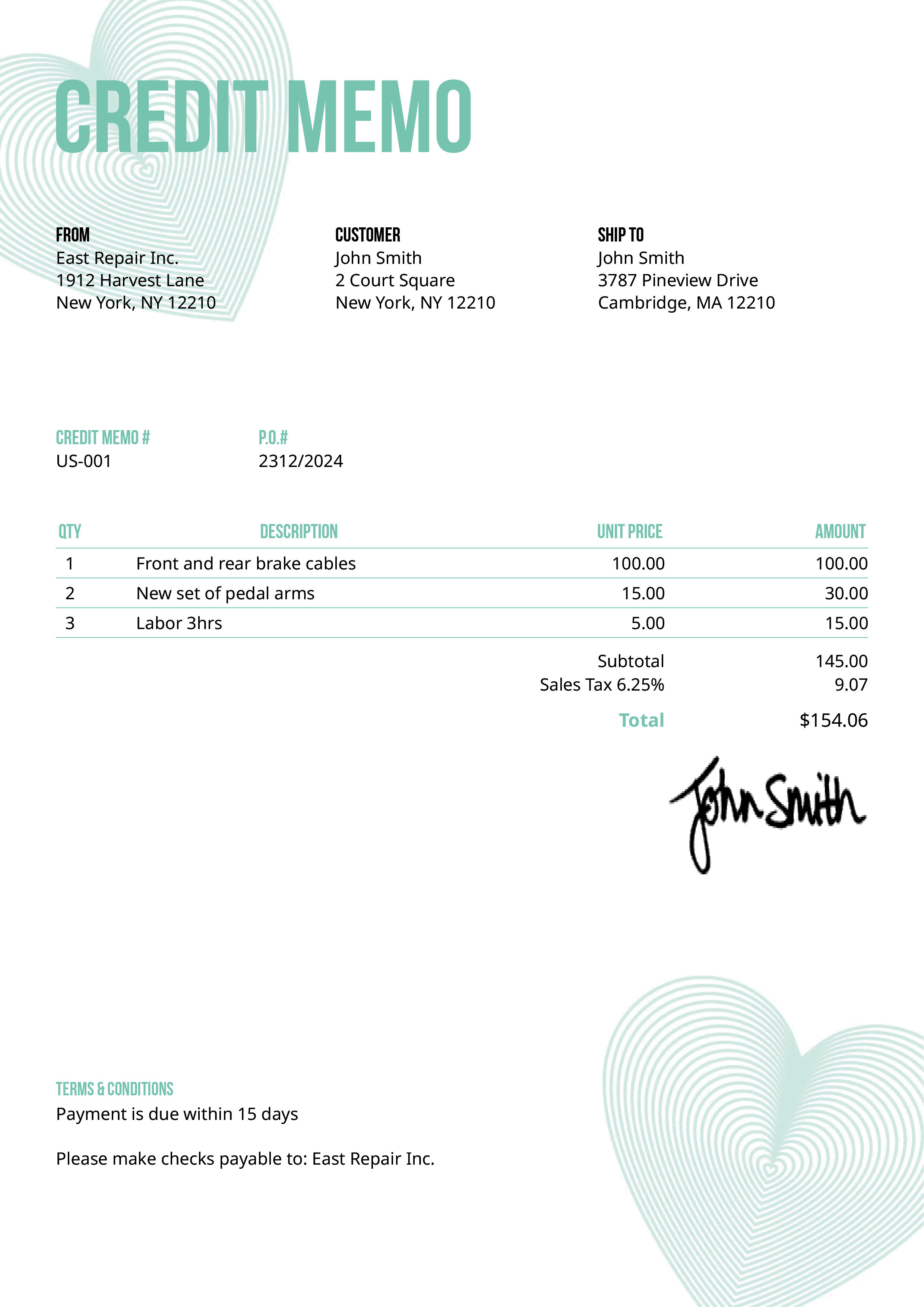 Credit Memo Template Us Hearts Turquoise 