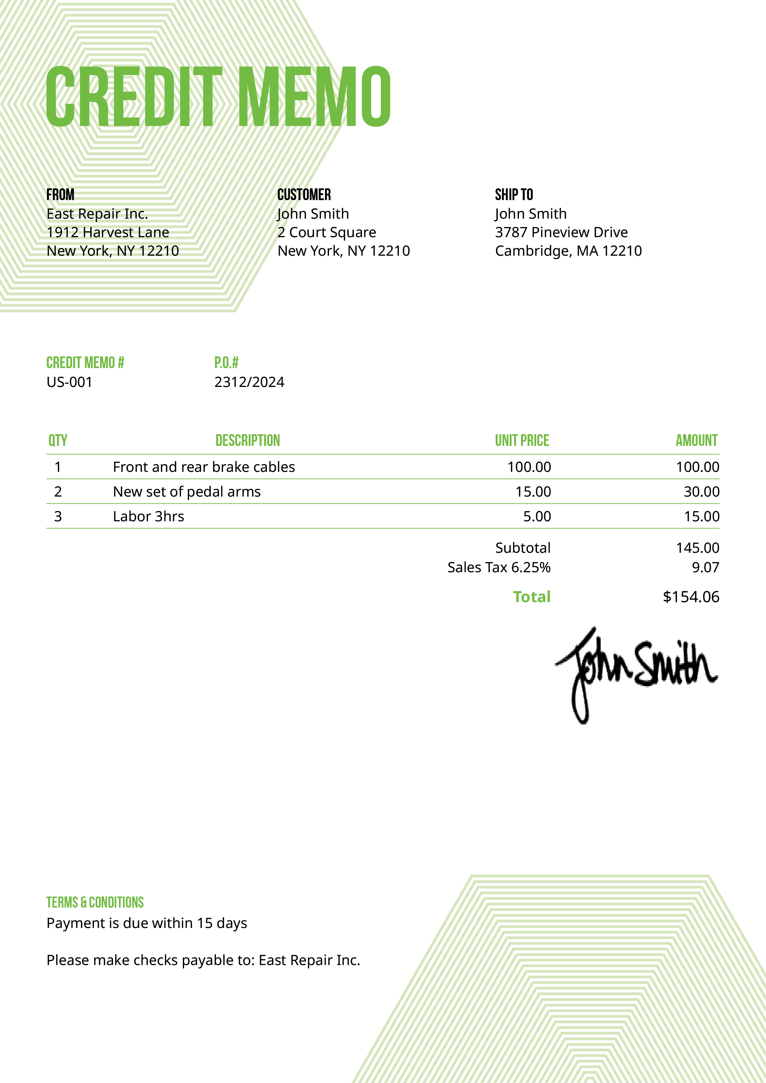 Credit Memo Template Us Hexagons Green 