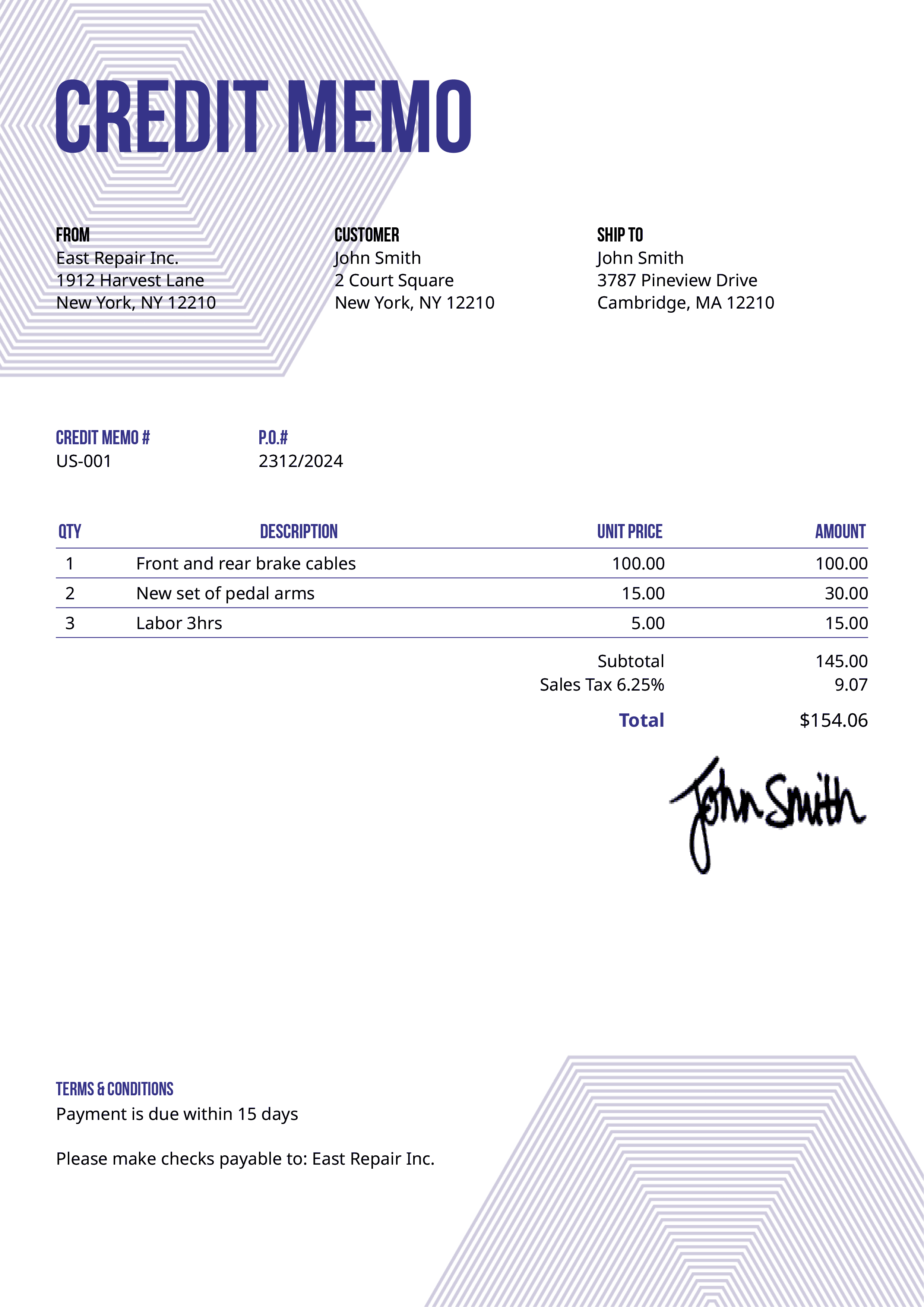 Credit Memo Template Us Hexagons Purple 